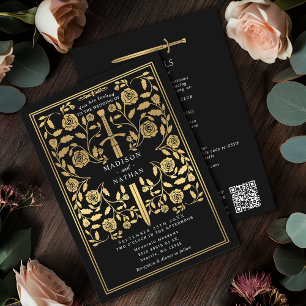 Convite Espada Dourada Real Medieval Casamento Código QR