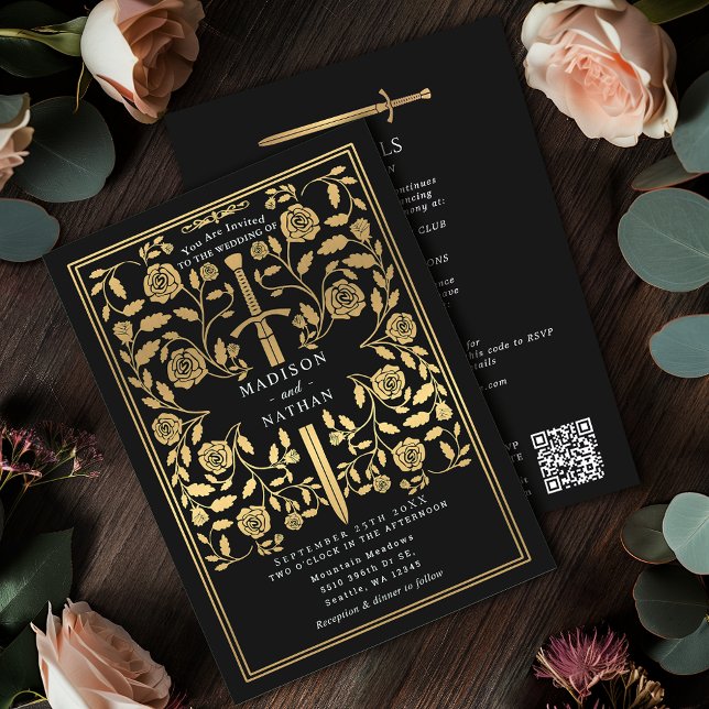 Convite Espada Dourada Real Medieval Casamento Código QR (Criador carregado)