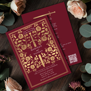 Convite Espada Dourada Real Medieval Vermelha Código QR Ca