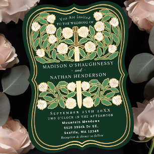 Convite Espada Floral Medieval Real Verde Casamento Branco
