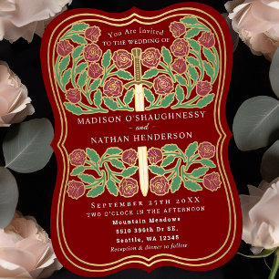 Convite Espada Floral Medieval Royal Escarlata Casamento