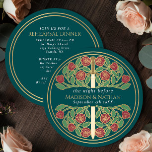 Convite Espada Floral Teal Dourado Ensaio de Casamento Rea