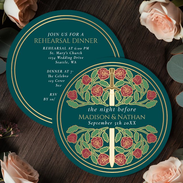 Convite Espada Floral Teal Dourado Ensaio de Casamento Rea (Criador carregado)