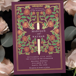 Convite Espada Malva Floral Fantasia Medieval Casamento