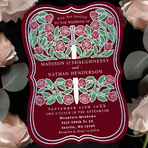 Convite Espada Prata Floral Medieval Royal Vermelha Casame