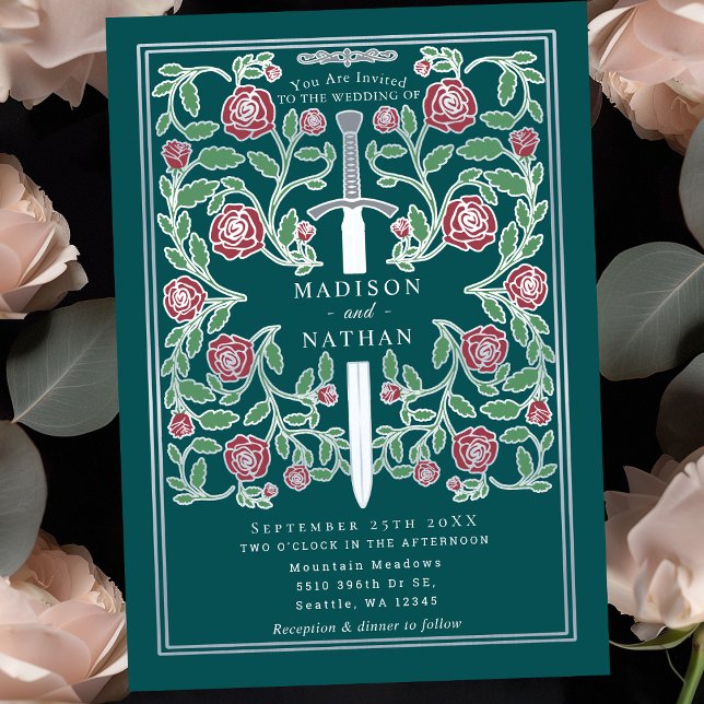 Convite Espada Prateada com Flores Teal Casamento de Fanta (Criador carregado)