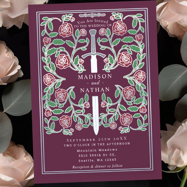 Convite Espada Prateada Malva Floral Fantasia Medieval Cas (Criador carregado)