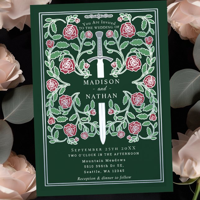 Convite Espada Prateada Verde Floral Casamento de Fantasia (Criador carregado)