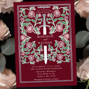 Convite Espada Prateada Vermelha Floral Fantasia Medieval