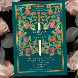Convite Espada Verde-Floral Fantasia Medieval Casamento