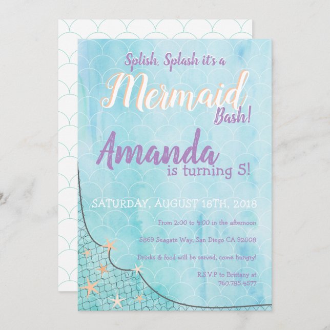 Convite Espalhar é um tema de aniversário de Sereia Bash (Frente/Verso)
