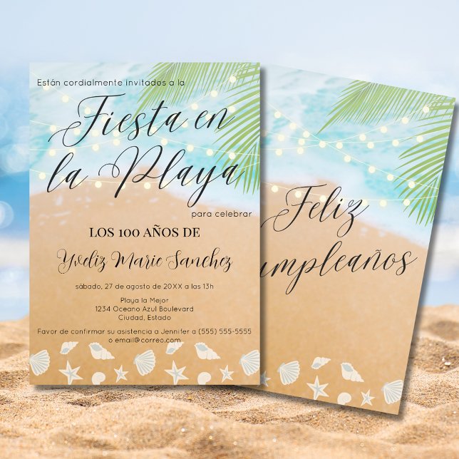 Convite Espanha Sandy Beach Lights 100ª Festa de aniversár (Criador carregado)