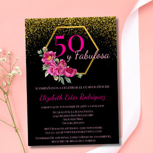 Convite Espanhol 50 e Fabulosa Dourado Preto Rosa Chic Flo