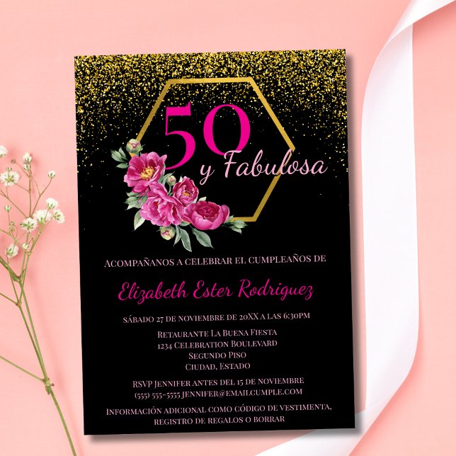 Convite Espanhol 50 e Fabulosa Dourado Preto Rosa Chic Flo (Criador carregado)