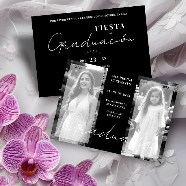 Convite Espanhol - Agora Formando Mínimo de Fotos Branco P (Spanish Chic Then & Now Minimal Black & White 2 Photos Graduation Invitation with Envelope.)