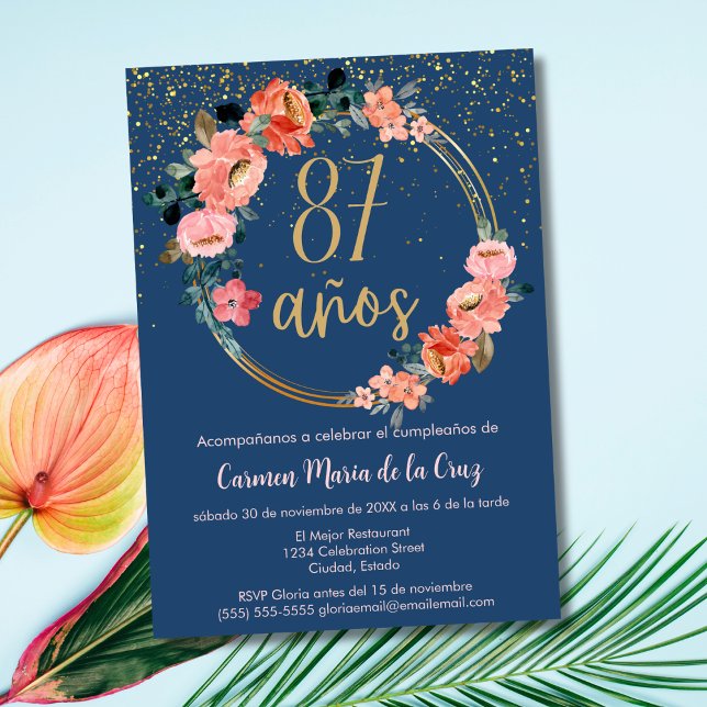 Convite Espanhol Azul Cor-de-Rosa Floral 87.o Aniversário (Criador carregado)