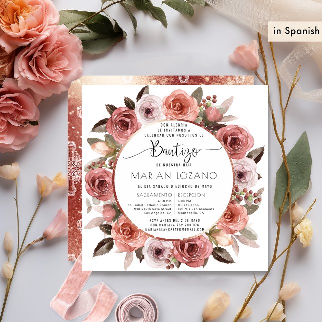 Convite Espanhol, Batismo, Floral Rosa Dourada (Criador carregado)