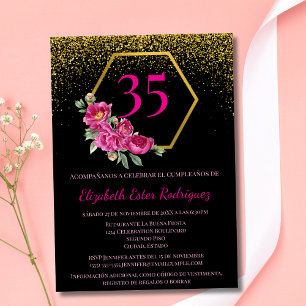 Convite Espanhol Belo Preto Dourado Rosa 35º Aniversário