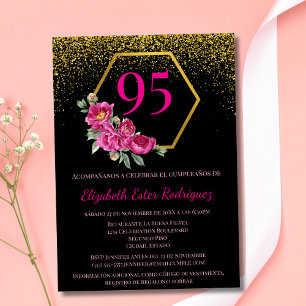 Convite Espanhol Black Gold & Pink de Aniversário de 95 An