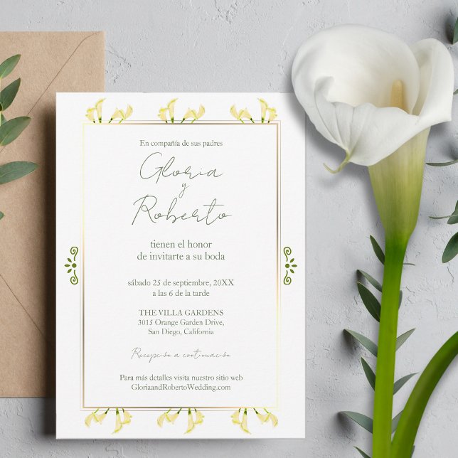 Convite Espanhol, Boda Alcatraces Ouro Casamento Minimalis (Criador carregado)