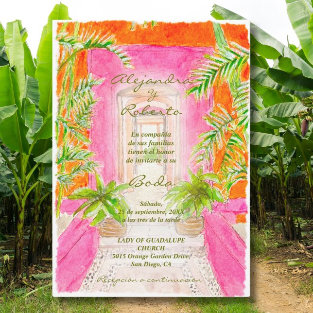 Convite Espanhol, Casamento Mexicano Rosa Tropical Waterco (Criador carregado)