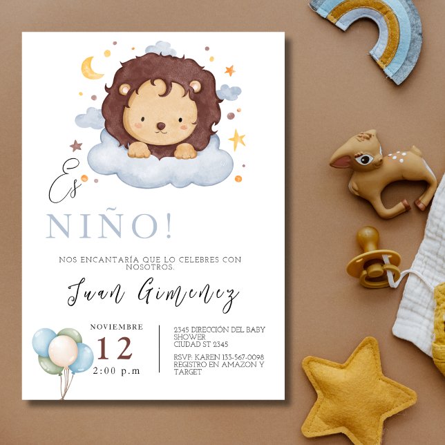 Convite Espanhol Chá de fraldas Leão Qr Code Baby Registry (Spanish Boy Baby Shower Lion Qr Code Baby Registry Invitation)