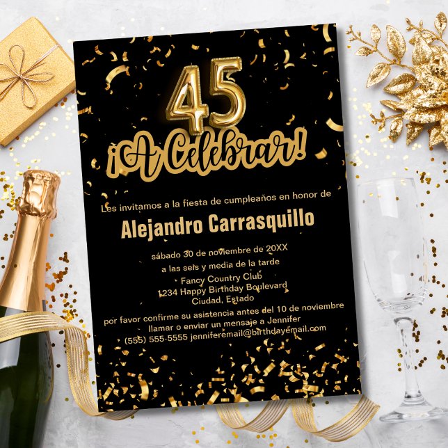 Convite Espanhol Chic Preto e Dourado Confete Aniversário  (Criador carregado)