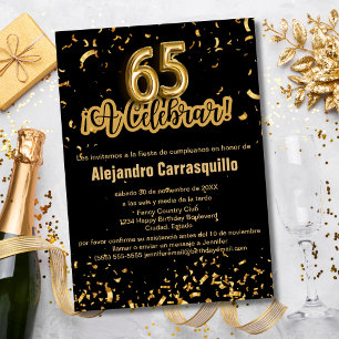 Convite Espanhol Chic Preto e Dourado Confetes 65º Anivers