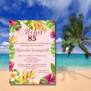 Convite Espanhol Colorido Rosa Aloha Havaiano Aniversário 