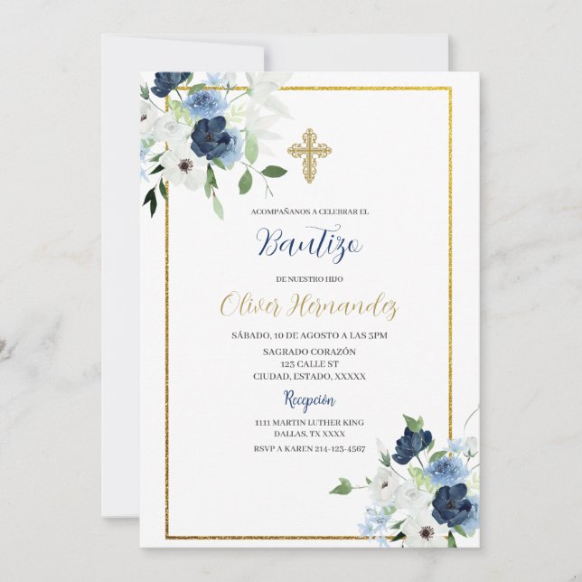 Convite espanhol de Bautizo de flor azul e branca (Frente)