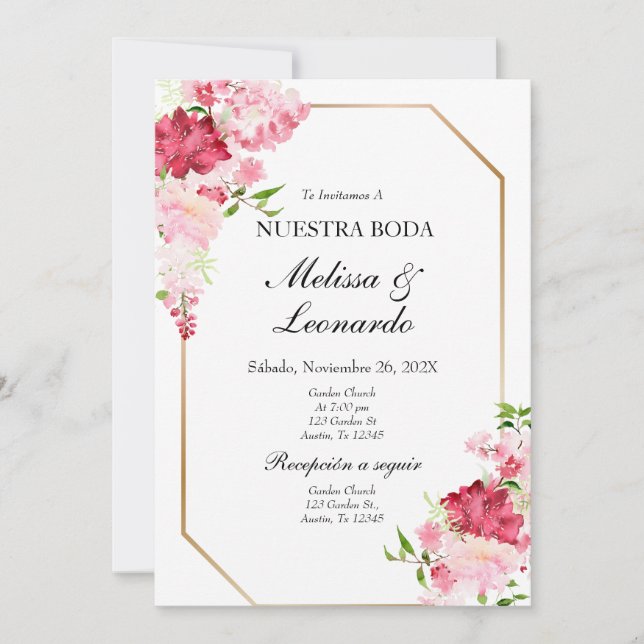 Convite Espanhol de casamento floral, rosa e vermelho (Frente)
