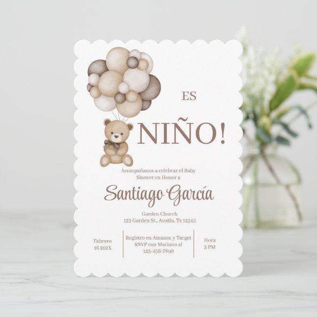 Convite Espanhol do Teddy Bear Boy (Em pé/Frente)