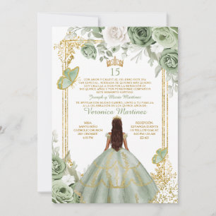 Convite Espanhol Dourado 15 Años Sage Princesa Verde Anive
