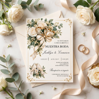 Convite Espanhol Elegante Anel de Casamento Dourad