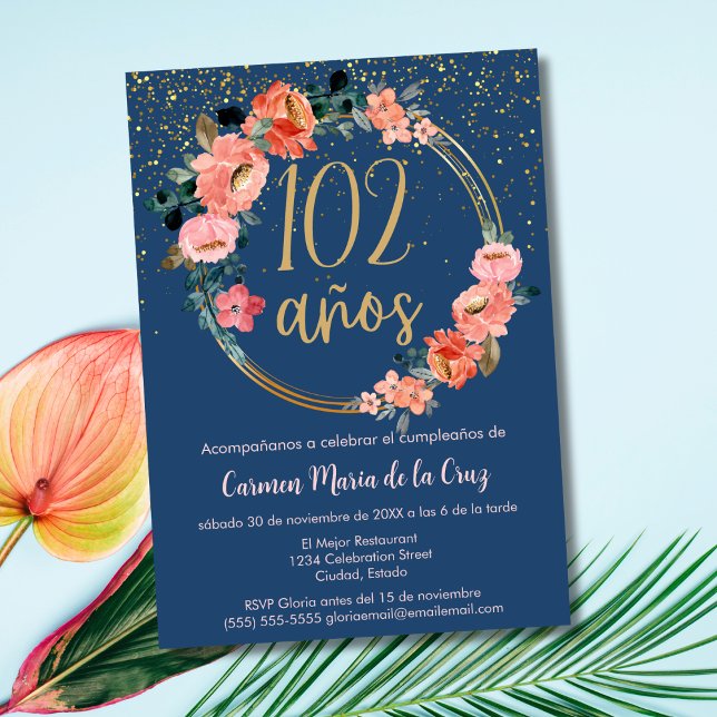 Convite Espanhol Elegante Azul Cor-de-rosa 102° aniversári (Criador carregado)