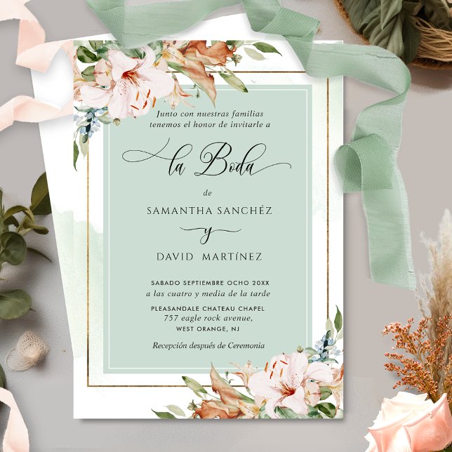 Convite Espanhol, Elegante Dusty Rosa, Sage Floral Wedding (Criador carregado)