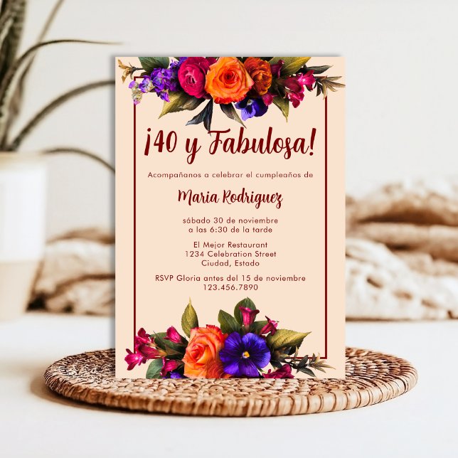 Convite Espanhol Elegante Florals Cream aniversário de 40  (Criador carregado)