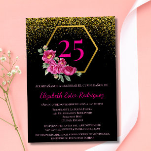 Convite Espanhol Elegante Preto Dourado Rosa 25º Aniversár