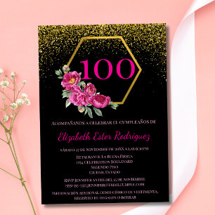 Convite Espanhol Encantador Preto Ouro & Rosa 100º Anivers
