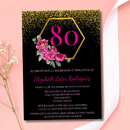 Convite Espanhol Exquisite Black Gold & Pink 80º Aniversár