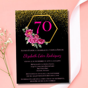 Convite Espanhol Fancy Preto Dourado e Rosa 70º Aniversári