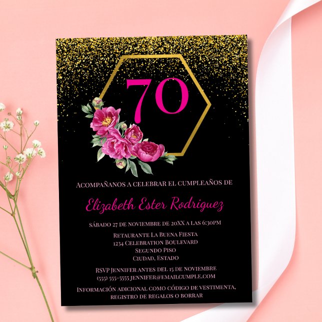 Convite Espanhol Fancy Preto Dourado e Rosa 70º Aniversári (Criador carregado)