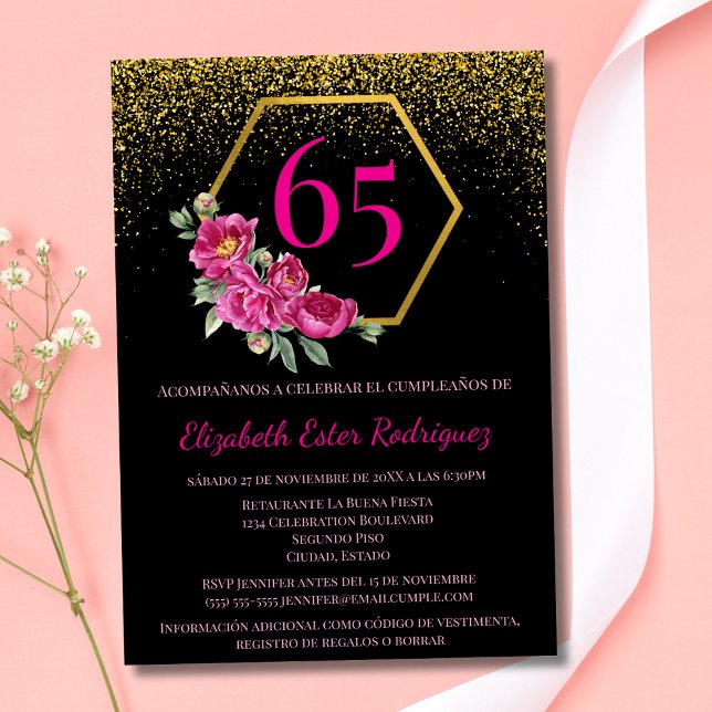 Convite Espanhol Glamouroso Preto Rosa 65º Aniversário (Criador carregado)