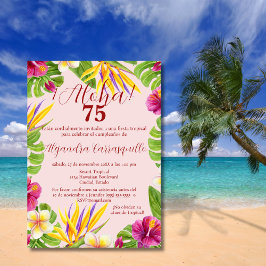 Convite Espanhol Havaiano Rosa Aloha Elegante 75º Aniversá