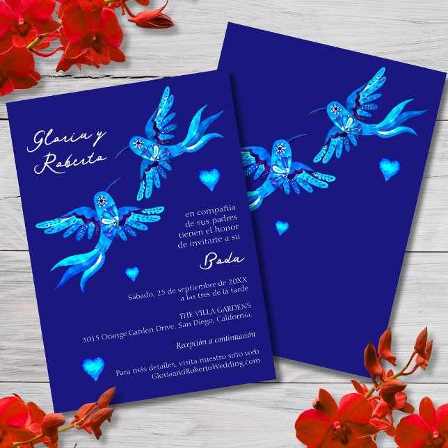 Convite Espanhol, Invitación Boda Mexicana Colibrí Azul (Criador carregado)
