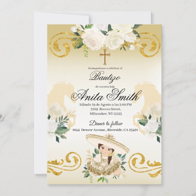 Convite Espanhol Mexicano Baptism Dourado Girl Charra (Frente)