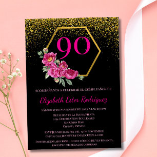 Convite Espanhol Moderno Preto Dourado e Rosa 90º Aniversá