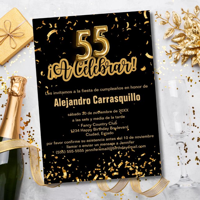 Convite Espanhol Negro e Dourado Confetti 55.o aniversário (Criador carregado)