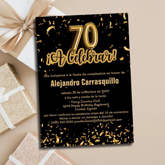 Convite Espanhol Negro e Dourado Confetti 70 de Aniversári (Criador carregado)