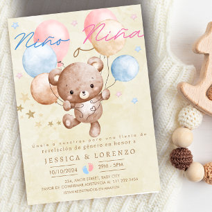 Convite Espanhol Nino o Nina Bear Balão de Gênero Revelaçã
